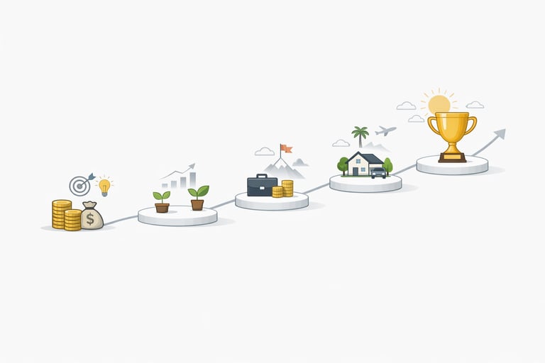 Clean, minimalist visualization of financial goal achievement with upward growth trajectory and clear pathways to success Clean, minimalist visualization of financial goal achievement with upward growth trajectory and clear pathways to success