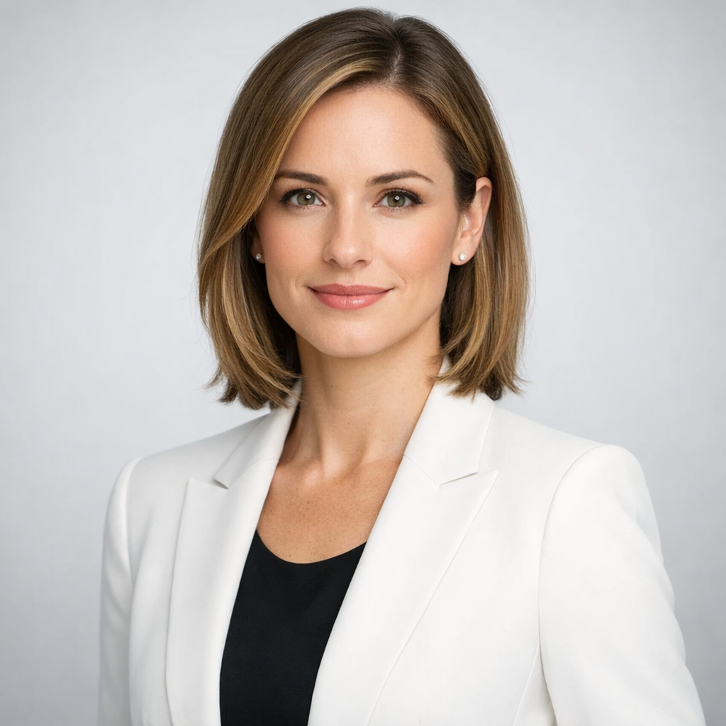 Professional headshot of Sarah Mitchell in clean, minimalist business attire